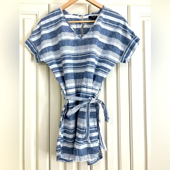 Madewell Perimeter Linen Stripe V-neck Romper Tie Waist Women’s XS - Picture 2 of 6